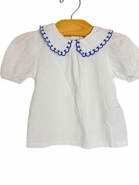 Primark White Textured Top with Blue Scalloped Collar